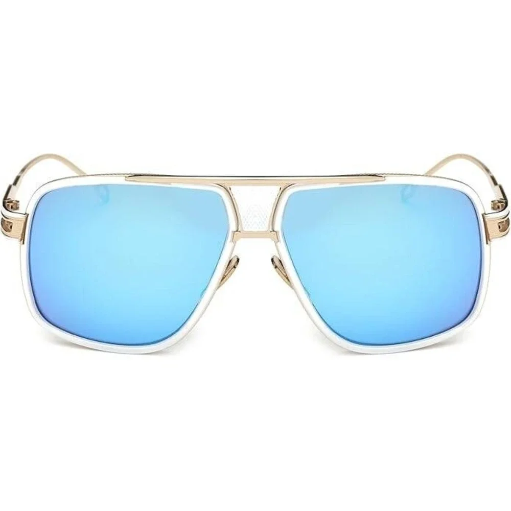 Designer Sunglasses Blue Mirror Lens Gold Frame‎ White Women Retro Square Trendy